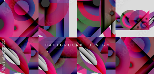 Abstract geometric shapes, vibrant colors, dynamic composition. Modern design elements create visually striking background.