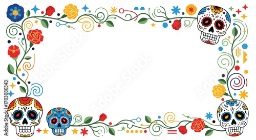 Vibrant dia de los muertos skull flower swirl border decorative element for celebrations and invitations