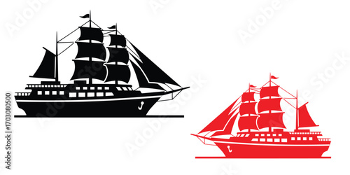 Classic sailing side of ship, black and red sailing ship, vector art silhouette