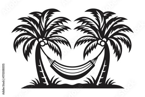 Two Palm Trees with Hammock Silhouette on White Background