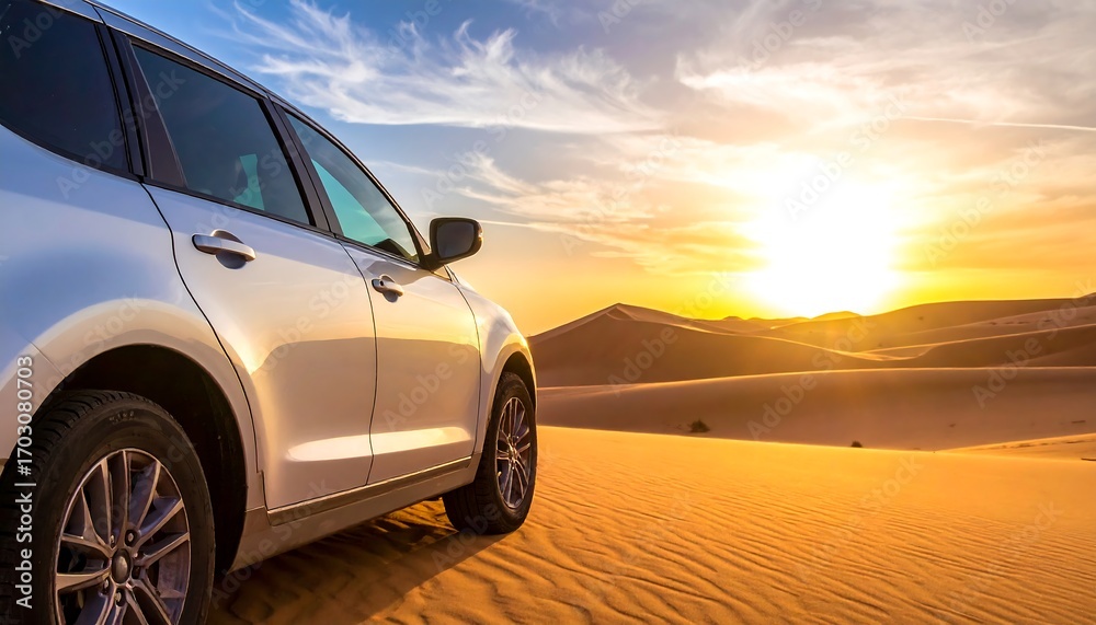 Obraz premium Silver SUV in desert sunset