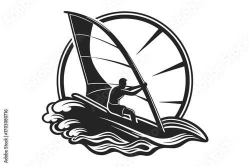 Windsurfer Silhouette on Wave Vector, Man Watersport Activity with White Background