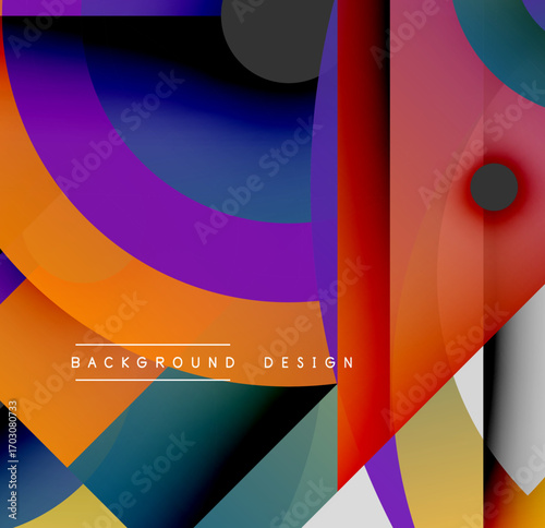 Abstract colorful design. Overlapping shapes create dynamic visual effect. Modern gradients, curves, lines present bold composition.