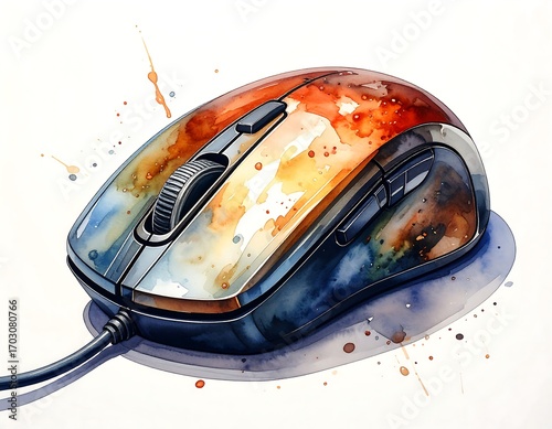 Watercolor illustration of a computer mouse
