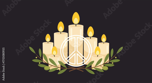 flat vector illustration of candles lit in memory of victims, surrounded by olive branches and a peace symbol, creating a solemn and respectful poster