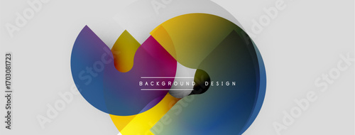 Abstract colorful shapes overlap, creating dynamic visual effect. Modern design elements suggest creativity, innovation. Background features gradients.