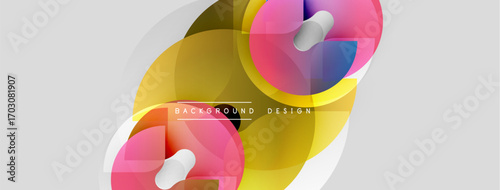 Abstract colorful shapes overlap, creating dynamic modern background. Soft gradients, smooth curves define design elements.