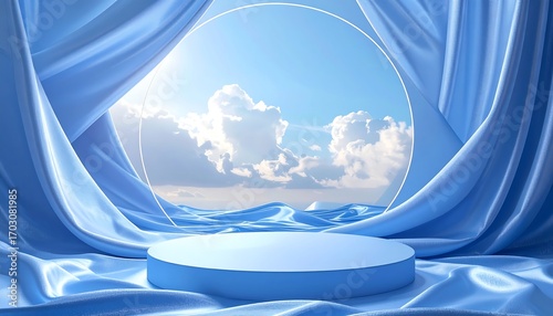 Fototapeta Naklejka Na Ścianę i Meble -  Blue silk backdrop,  round podium