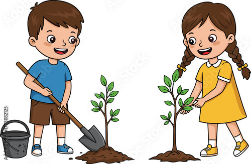 Happy boy and girl planting trees, kids gardening together, eco-friendly activity for children, nature care, outdoor learning, green environment, teamwork