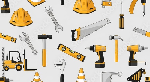 A repeating pattern showcasing diverse construction tools helmets, wrenches, saws, hammers, screwdrivers, drills, levels, cones, and a forklift, on a gray backdrop
