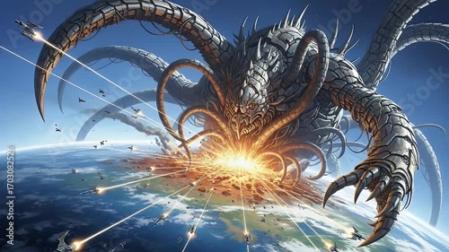 Epic sci-fi battle: Colossal metallic monster attacks Earth from space, alien invasion and planetary destruction