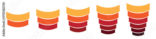 Red yellow layered curve shape infographic for business progress, growth and development. 2, 3, 4, 5, and 6 parts