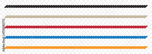 Wavy rope curve set. Repeating hemp cord stripes collection. Wavy loop tie braid bundle. Seamless black and white plait pattern. Vector marine twine design elements for banner, poster, frame, border. 