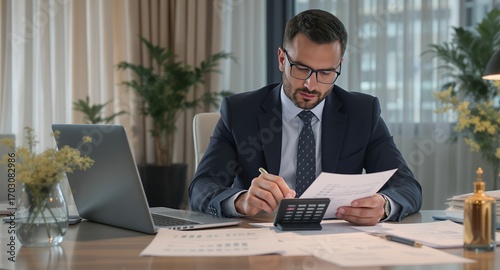 Businessman reviewing financial documents at his desk
