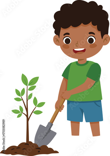 Happy boy planting tree, gardening activity for kids, child watering plant, environmental care, nature conservation, outdoor learning, green earth concept