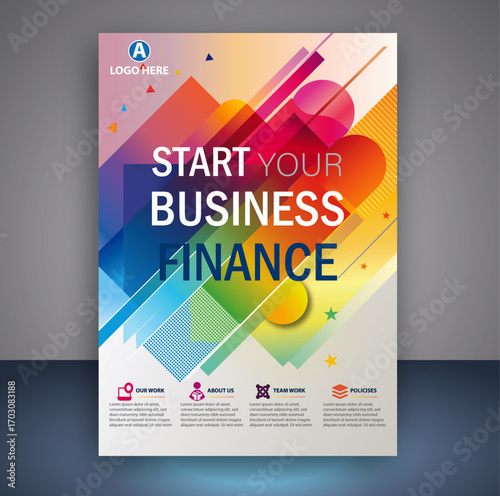 Vector art of start your business finance flyer design template with colorful shapes