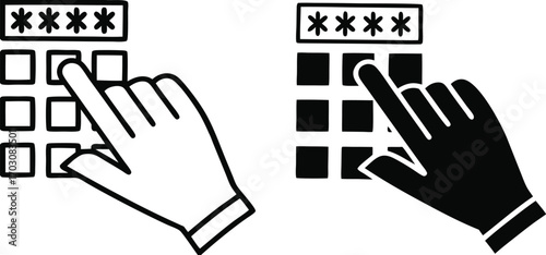 Code Icons. Black And White Vector Illustration. Man Dials Secret PIN Code To Access Finance. Man's Hand And ATM Keypad. Concept Password And Data Security

