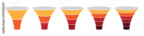 Red yellow funnel infographic for marketing strategy, business process and data conversion. 2, 3, 4, 5, and 6 parts