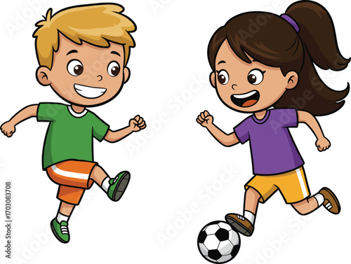 Happy cartoon kids playing soccer, boy and girl kicking football, outdoor sports activity, active children, fun teamwork, youth fitness illustration