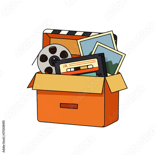 A nostalgic collection of analog media, a concept illustration showing a box of personal memories with film, photos, and a cassette tape
