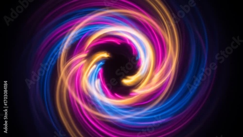 Spinning Colorful Light Streaks Forming Swirl on Black Background