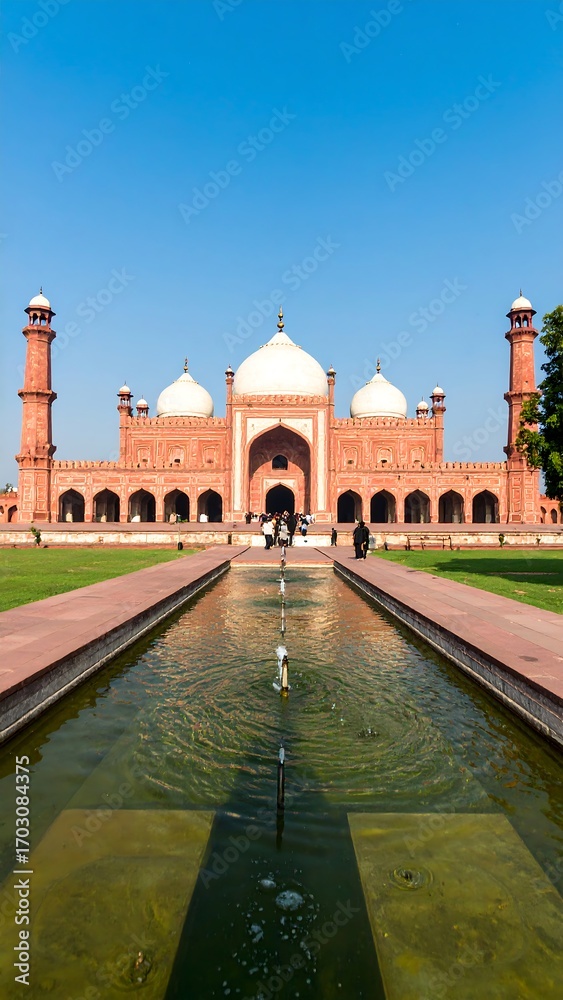 Fototapeta premium Red sandstone mosque, tranquil water feature