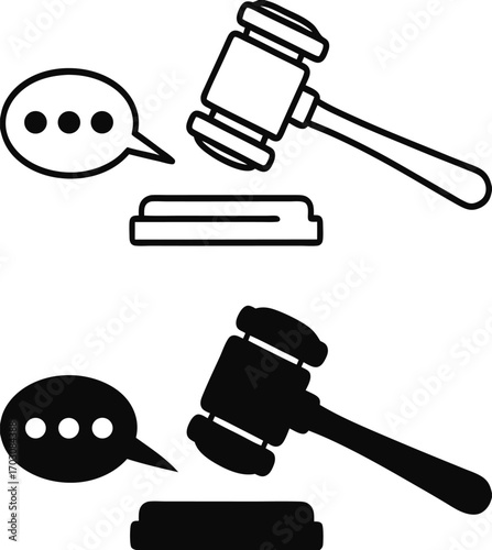 Verdict Icons. Black and White Vector Illustration. Judge Gavel and Speech Bubble. Jury Decision on Guilt or Innocence of the Defendant. Justice Concept

