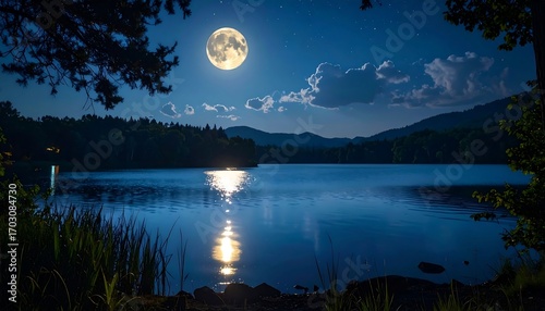 Lake reflects a bright full moon in a tranquil night forest, framed by foliage