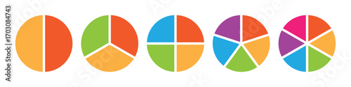 Colorful pie chart infographic for business data, marketing shares and financial analytics. 2, 3, 4, 5, and 6 parts