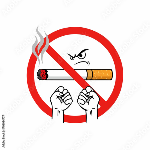 An angry face and clenched fists protest a smoking ban symbol with a cigarette crossed out in a red circle.