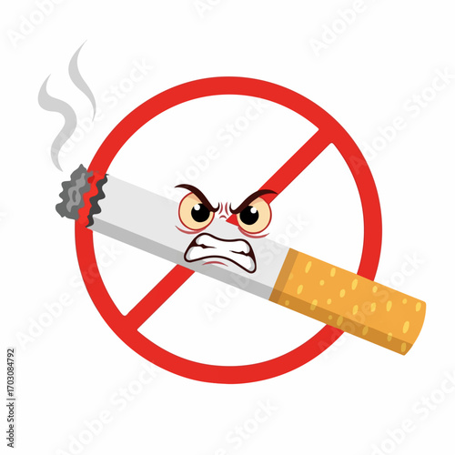 An angry cartoon cigarette is crossed out by a red no smoking sign, depicting a strong anti-smoking message.