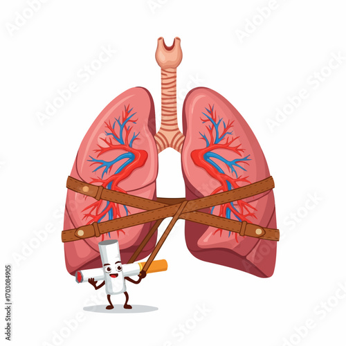 A cartoon cigarette struggles against restrained lungs, illustrating the harmful effects of smoking and addiction.