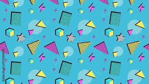 A vibrant retro Memphis-style pattern inspired by the 1980s. This playful design showcases a mix of abstract geometric shapes, including lightning bolts, stars, triangles, and cubes, all presented in 