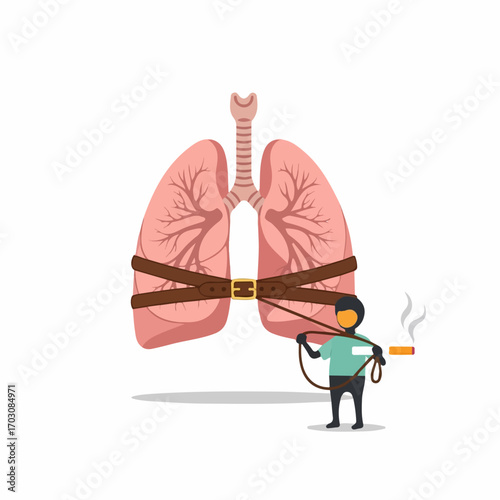 A tiny figure struggles to pull tight restraints around a pair of lungs, symbolizing the addictive grip of smoking.