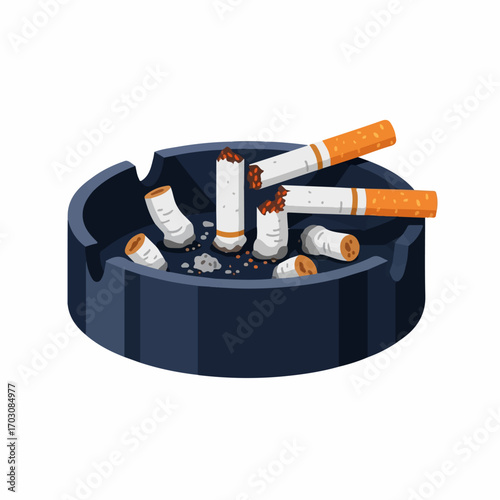A dark ashtray overflows with extinguished cigarettes, their embers glowing dimly, creating a somber and smoky atmosphere.