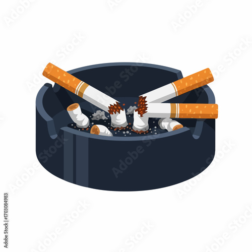 A dark ashtray overflowing with crushed and extinguished cigarettes conveys a sense of despair and addiction.