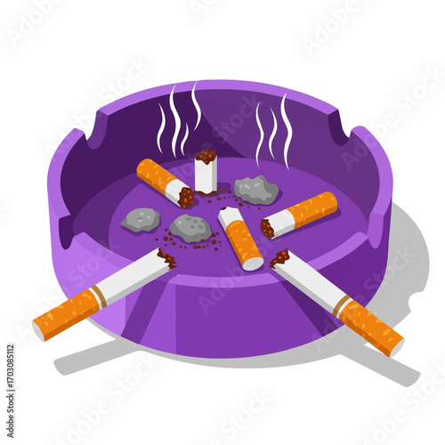 A purple ashtray overflowing with extinguished cigarettes, emitting faint smoke, conveys a sense of somber resignation.