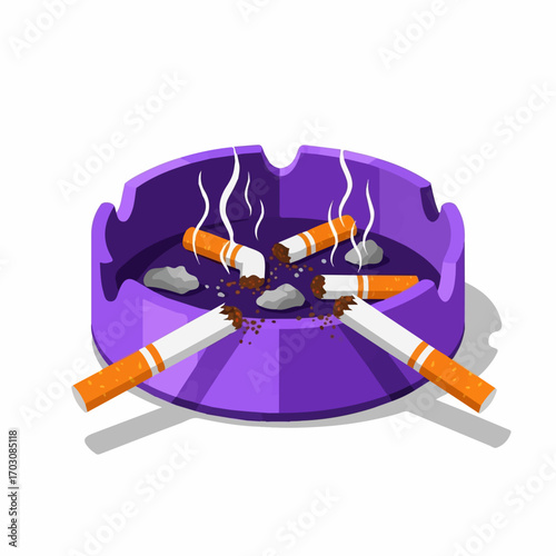 A purple ashtray overflowing with extinguished cigarettes, their smoke curling upwards, conveys a sense of somber finality.