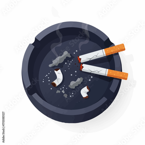 Two half-smoked cigarettes smolder in a dark ashtray, ash and smoke filling the air, conveying a sense of somber stillness.