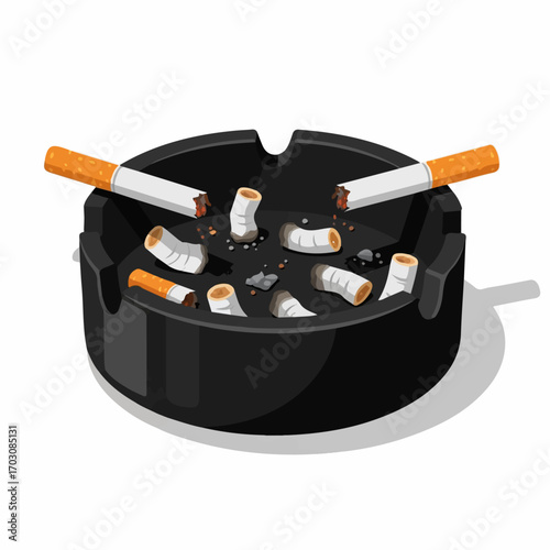 A black ashtray overflowing with extinguished cigarette butts and ash, conveying a sense of addiction and smoky residue.