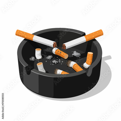 A black ashtray overflowing with extinguished cigarettes, some broken, conveying a sense of weariness and the end of a smoking session.