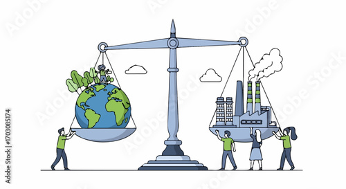 People weigh the Earth's natural beauty against industrial pollution on a giant scale, symbolizing environmental balance.