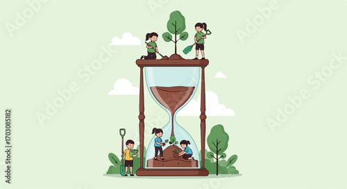 Children plant saplings in an hourglass, symbolizing the urgency of environmental conservation and a hopeful future.