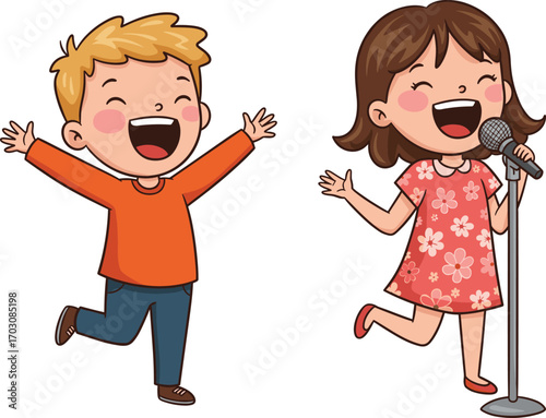 Happy kids singing, joyful children performance, cartoon boy and girl, music fun, stage talent, microphone show, kids entertainment, cheerful moment