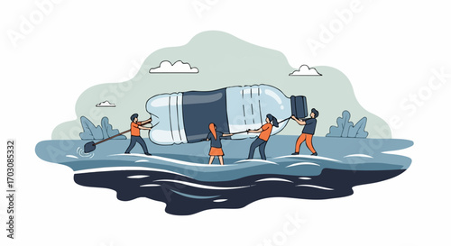 Four people collaboratively remove a giant plastic bottle from a polluted riverbank, symbolizing environmental cleanup and teamwork.