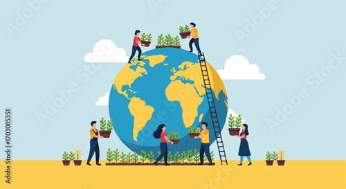 People collaboratively plant seedlings on a large globe, symbolizing environmental stewardship and a hopeful future for our planet.