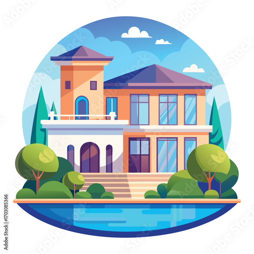 Luxurious mansion house estate with greenery and blue sky