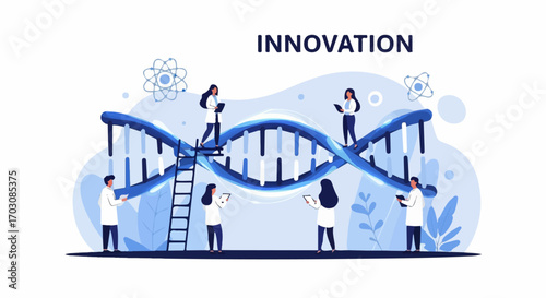Scientists collaborate around a glowing DNA helix, researching genetic innovation in a modern lab setting.