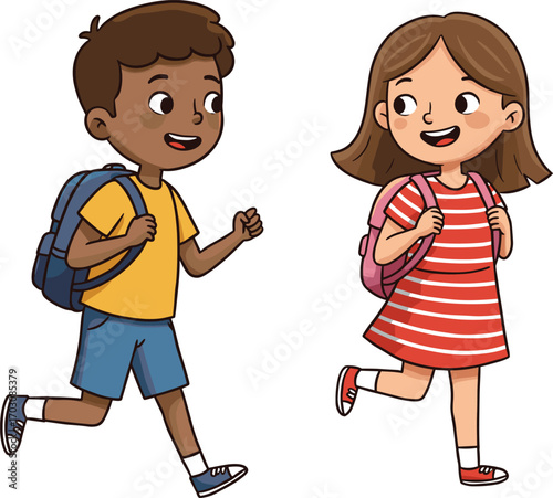 Happy school children walking with backpacks, back to school kids, cartoon boy and girl, smiling students, educational concept illustration