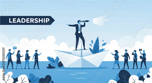 A confident businessman on a paper boat uses a telescope to guide his team towards a bright future, symbolizing leadership and vision.